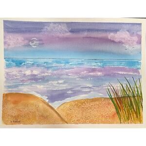 Hand painted watercolor original painting purple beach dunes